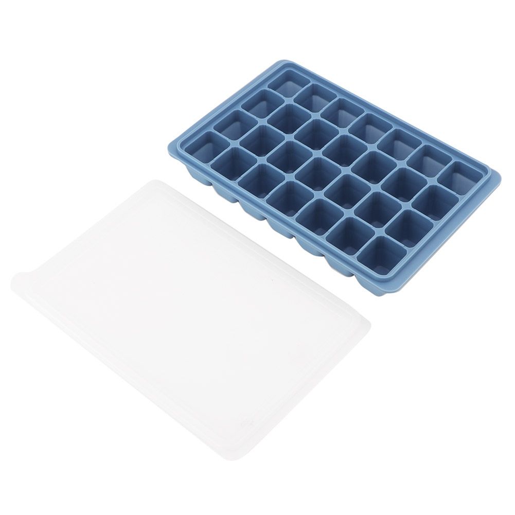 Blue 28-grid silicone ice tray with lid, ideal for freezing pudding, chocolate, and baby food molds by Everything Baby.