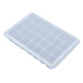 Blue 28-grid silicone ice tray with lid for freezing pudding, chocolate, and baby food molds by Everything Baby.