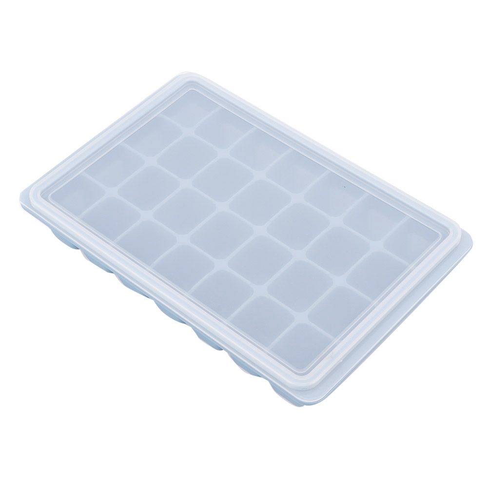 Blue 28-grid silicone ice tray with lid for freezing pudding, chocolate, and baby food molds by Everything Baby.