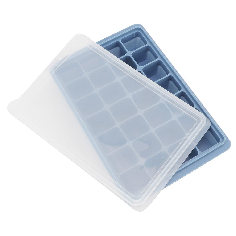 Blue 28-grid silicone ice tray with lid for DIY freezing, pudding, and chocolate molds, suitable for baby and kids feeding.