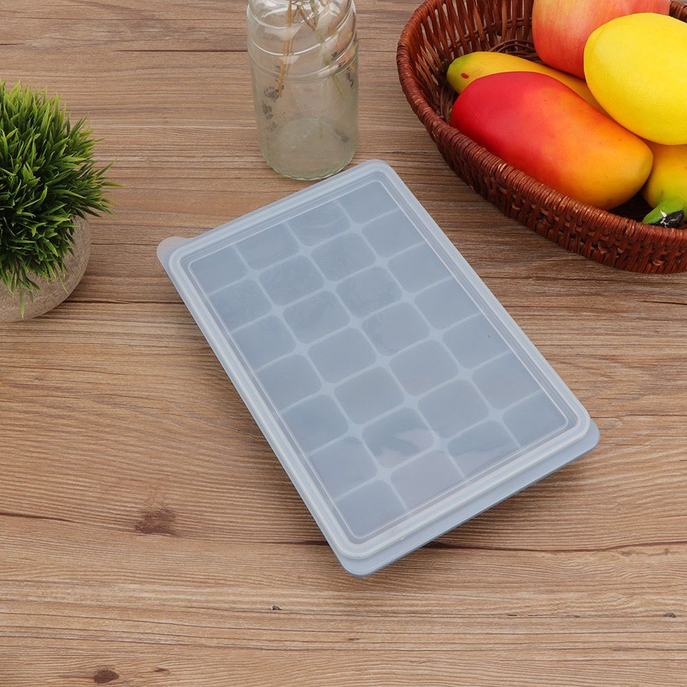 Blue silicone ice tray and pudding mold with lid, 28-grid DIY baking and freezing mold for chocolates and desserts.