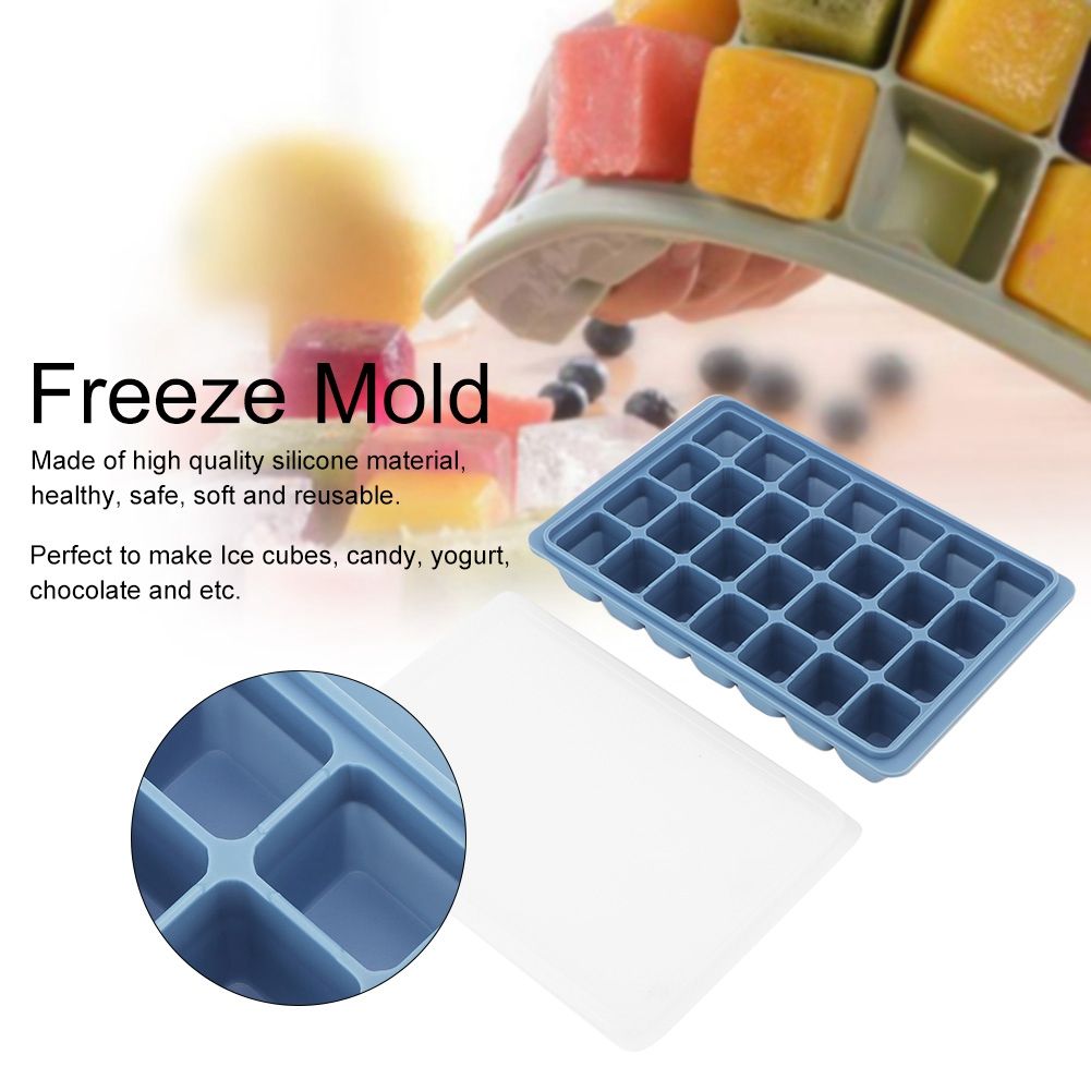 Blue 28-grid silicone ice tray and pudding mold with lid, ideal for baby feeding, baking, and chocolate shaping from Everything Baby.