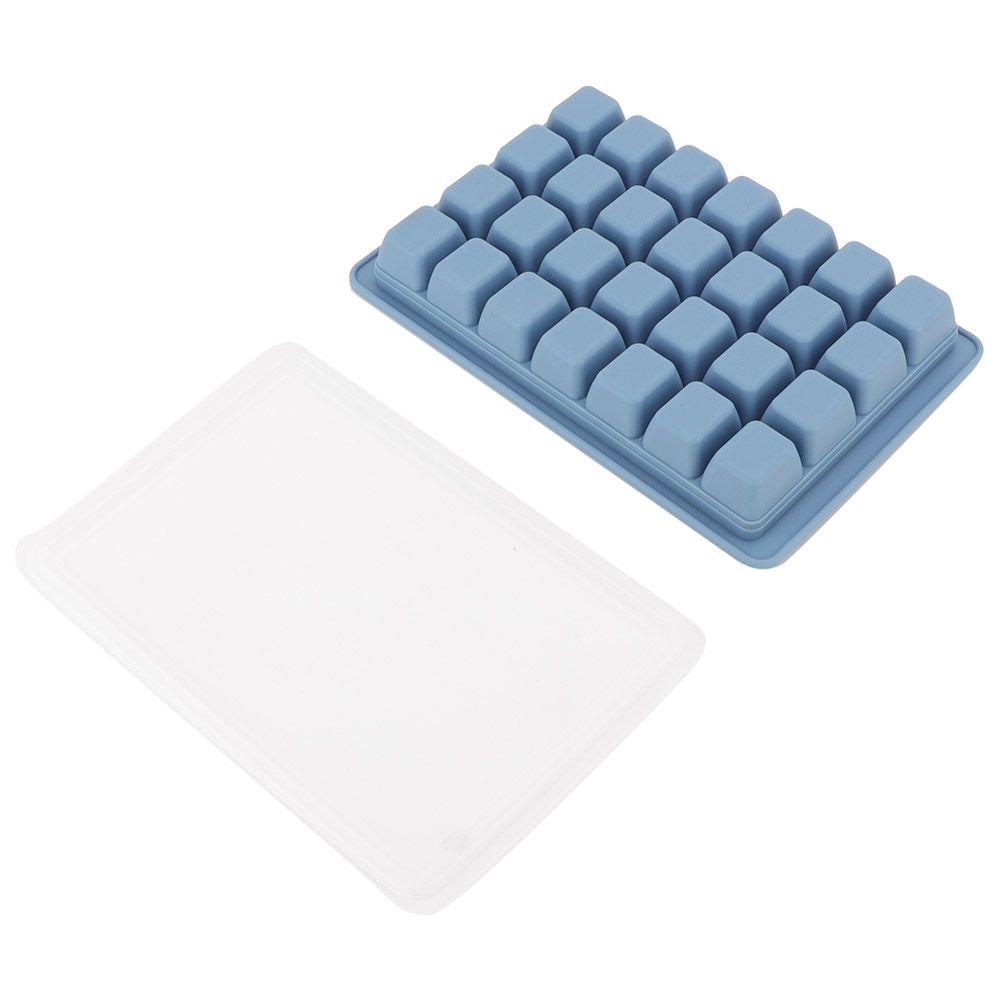 Blue 28-grid silicone ice tray and pudding mold for baking, with lid, ideal for baby and kids nursing and feeding.