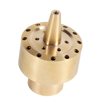 Gold brass garden pond fountain water nozzle with 1/2 inch connection, ideal for outdoor water features and garden pond decor.