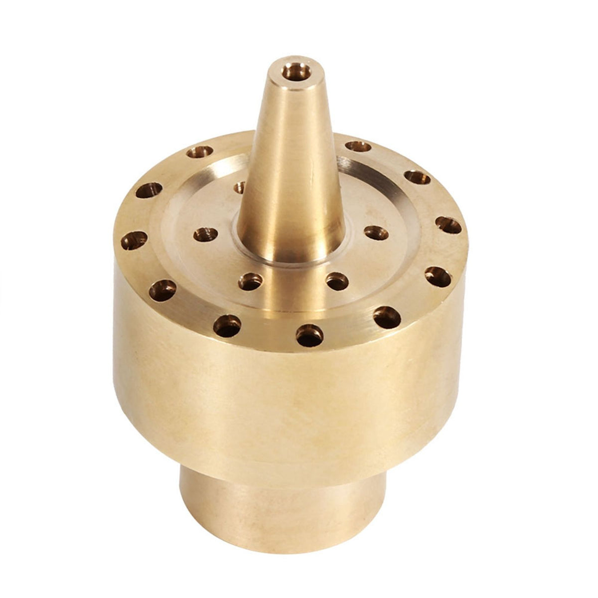 Gold brass garden pond fountain water nozzle spray head with 1/2 inch connection, designed for outdoor pond and garden water features.