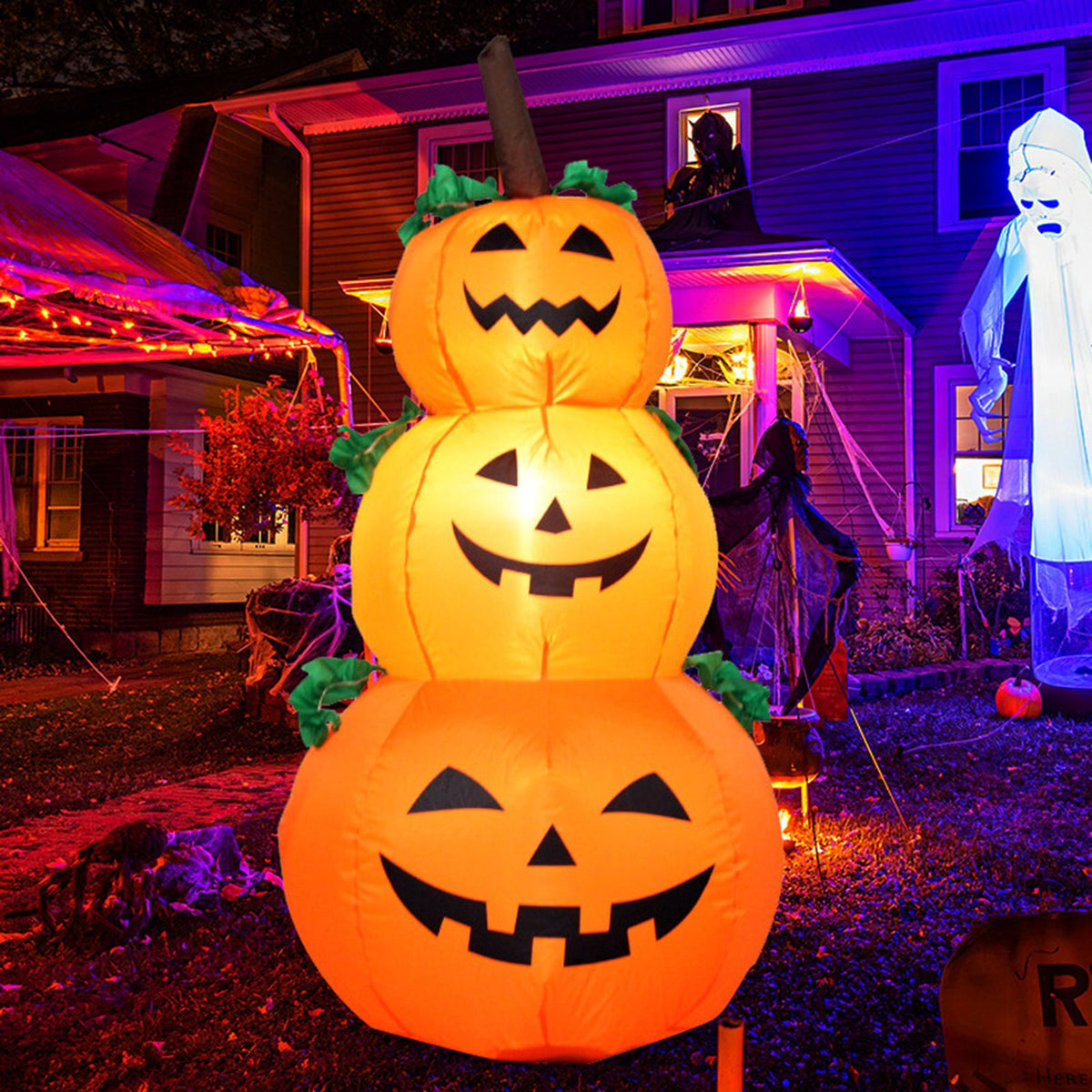 Three 3.9FT inflatable Halloween pumpkins with LEDs, outdoor yard decorations for Halloween parties and garden decor.