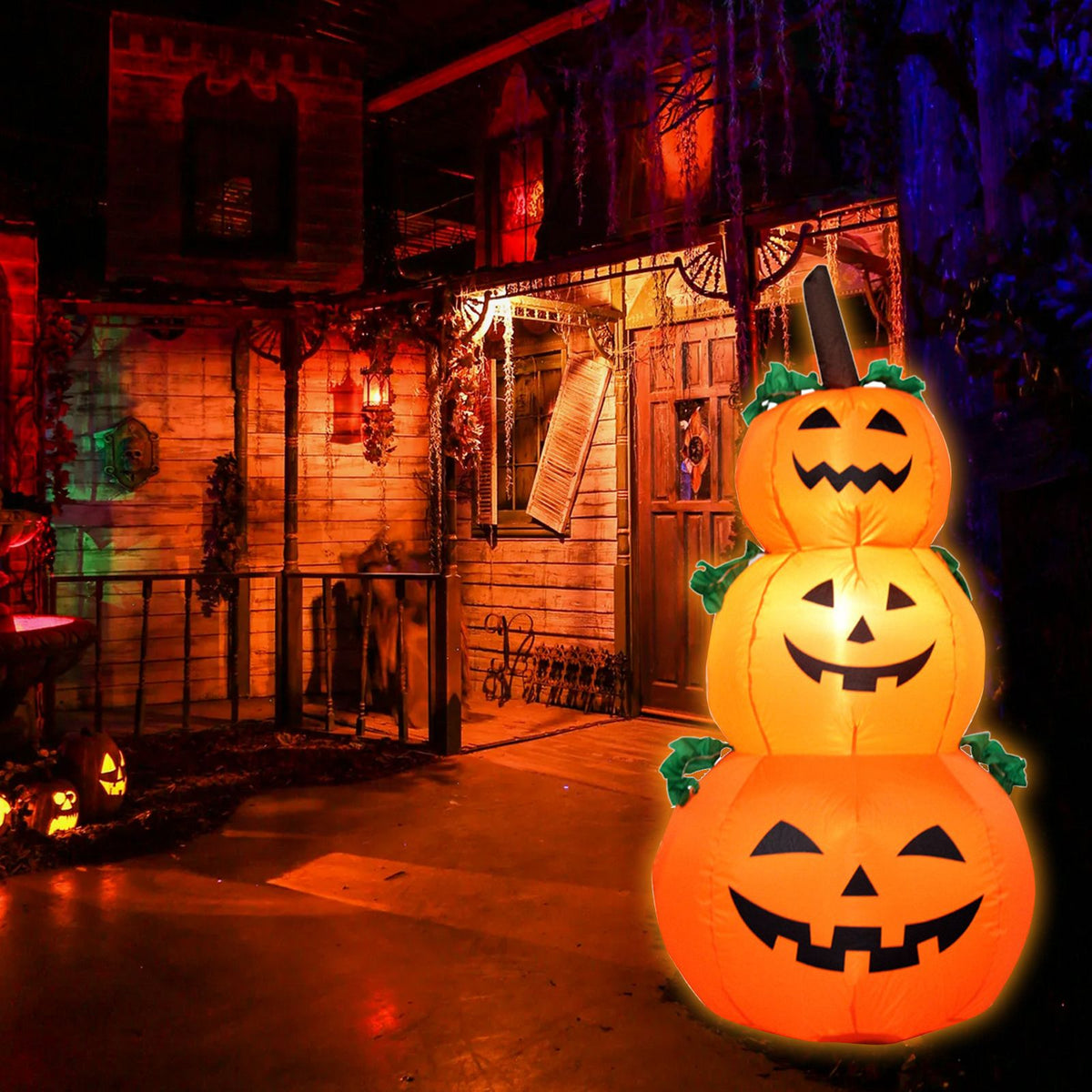 Three 3.9ft inflatable Halloween pumpkins with LEDs, outdoor yard decorations, perfect for Halloween parties and garden decor.