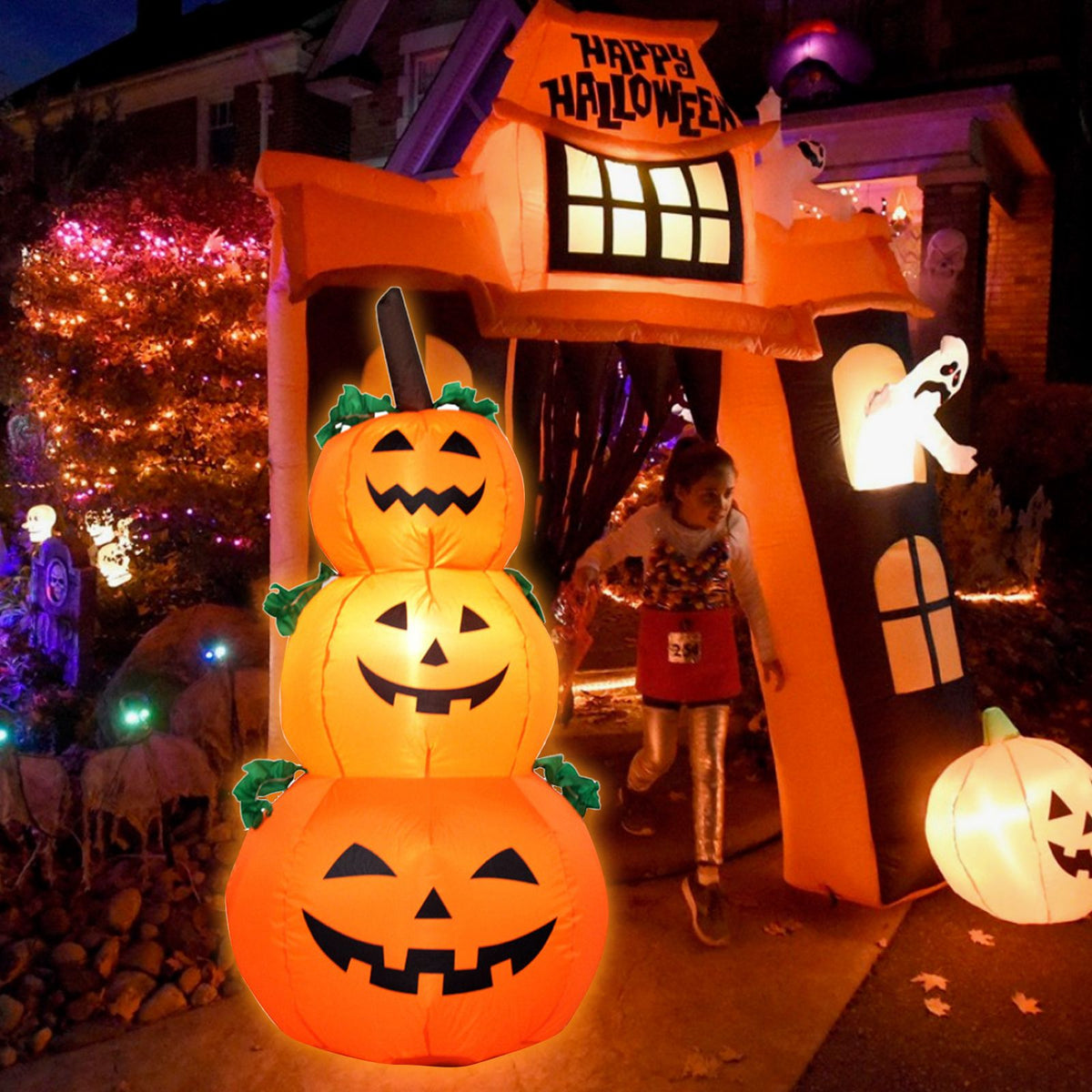 Three 3.9FT inflatable Halloween pumpkins with LEDs, outdoor yard decorations for Halloween party and garden decor.