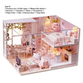 Wooden miniature dollhouse kit with tiny house model, furniture, LED light, perfect for pretend play and kids' DIY toy set.
