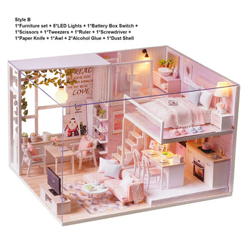 Wooden miniature dollhouse kit with tiny house model, furniture, LED light, perfect for pretend play and kids' DIY toy set.
