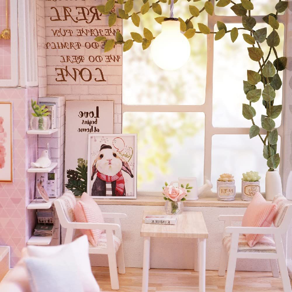 Wooden miniature dollhouse kit with furniture and LED lights, perfect for pretend play and creative toy sets for kids
