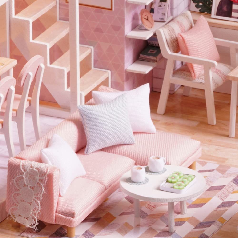 Wooden DIY miniature dollhouse kit with furniture and LED lights, perfect for pretend play and creative gift for kids