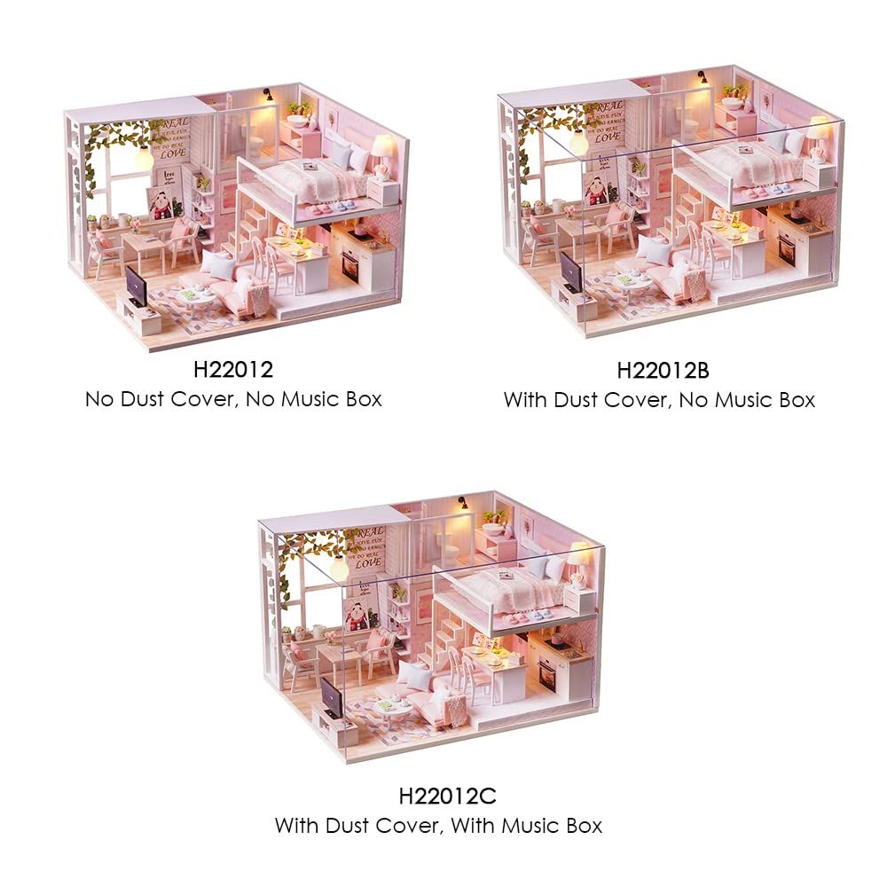 Miniature wooden dollhouse kit with furniture and LED lights, perfect for pretend play and creative gift for kids