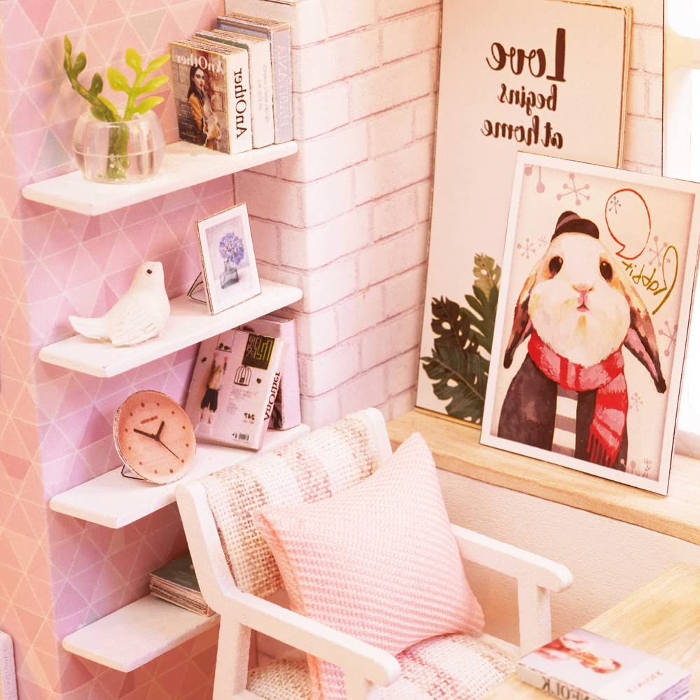 Wooden miniature dollhouse kit with furniture and LED light, hand-assembled toy set for pretend play, suitable for kids and girls.