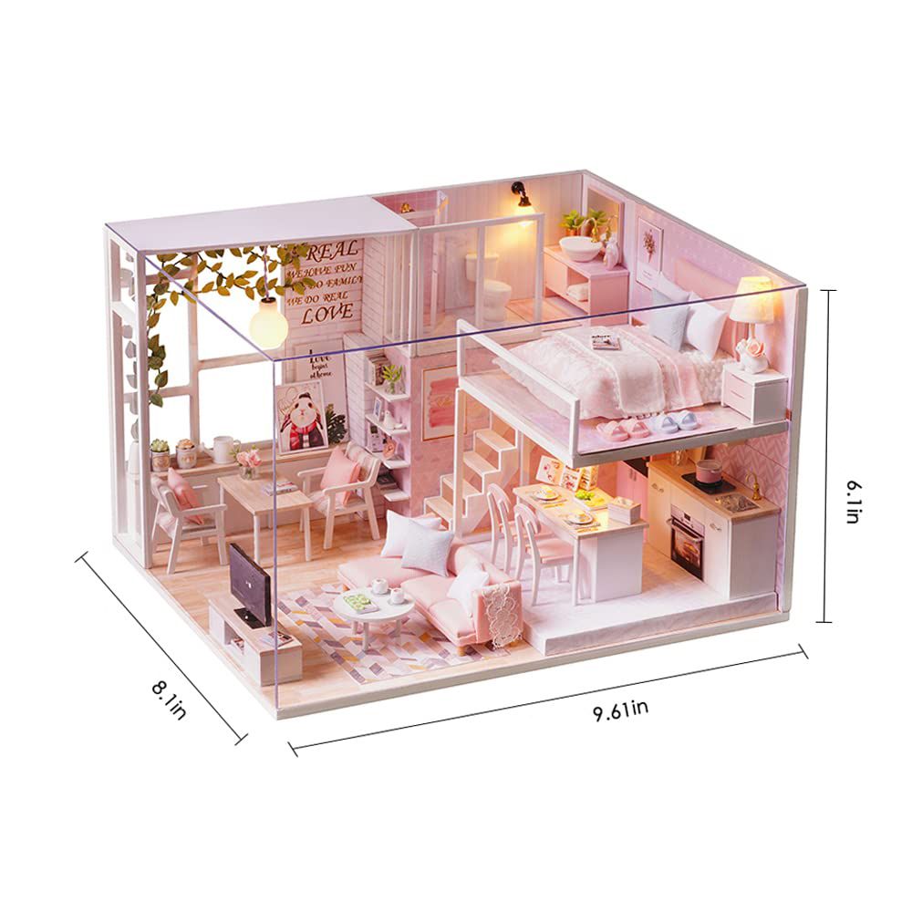 Wooden miniature dollhouse kit with furniture and LED lights, hand-assembled toy set for pretend play by Everything Baby.