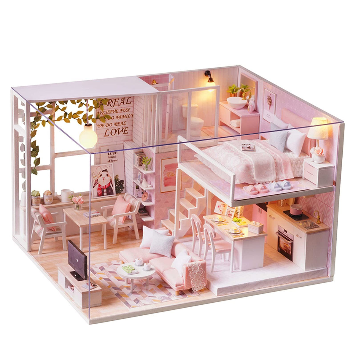 Wooden miniature dollhouse kit with furniture and LED lights, perfect for pretend play, designed for kids by Everything Baby.