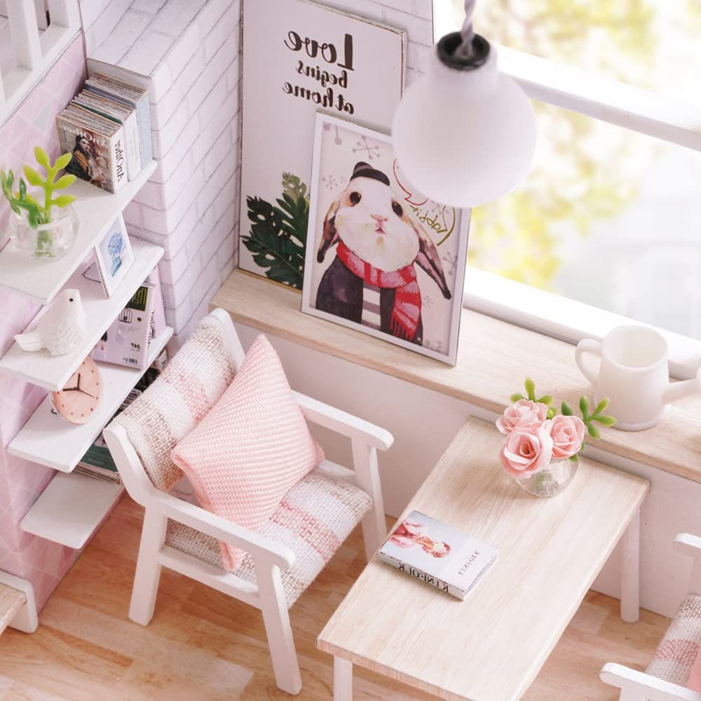 Wooden miniature dollhouse kit with furniture, LED lights, for pretend play, designed for kids, by Everything Baby.