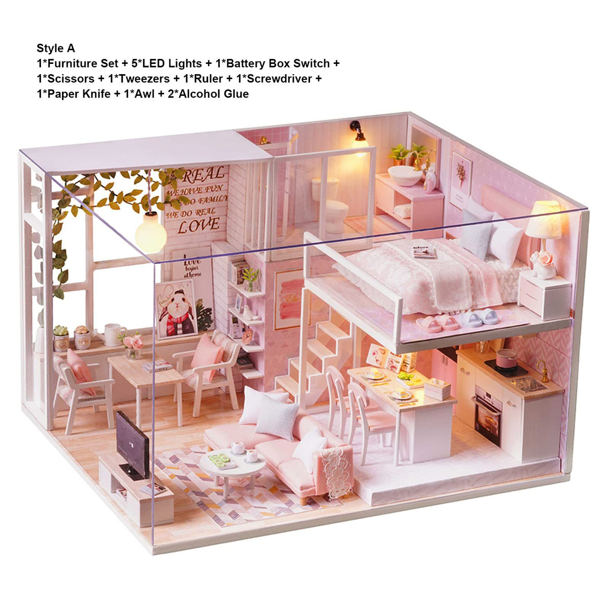 Miniature wooden dollhouse kit with furniture and LED lights, perfect for pretend play and creative kids' toy set by Everything Baby.