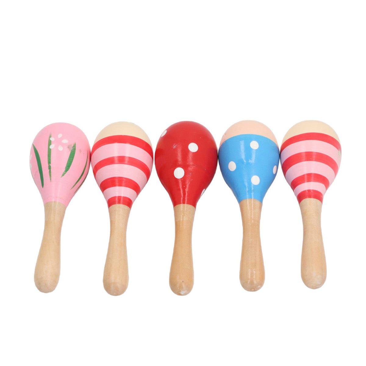 Colorful set of 5 wooden maracas rattles for toddlers, egg-shaped baby musical toys, perfect for outdoor play and parties.