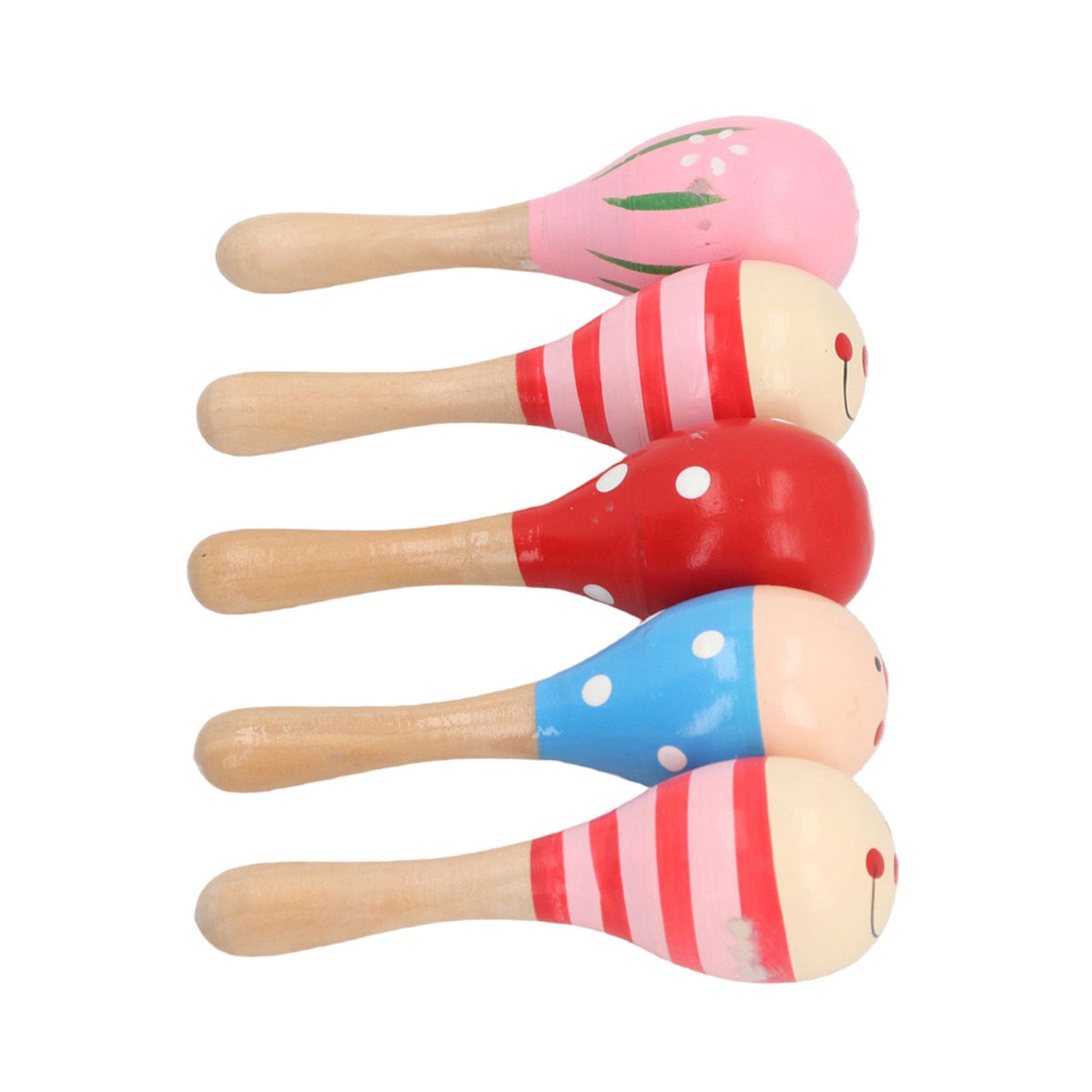 Colorful 5-piece set of wooden maracas rattles by Everything Baby, perfect for toddlers' musical outdoor play and party fun.