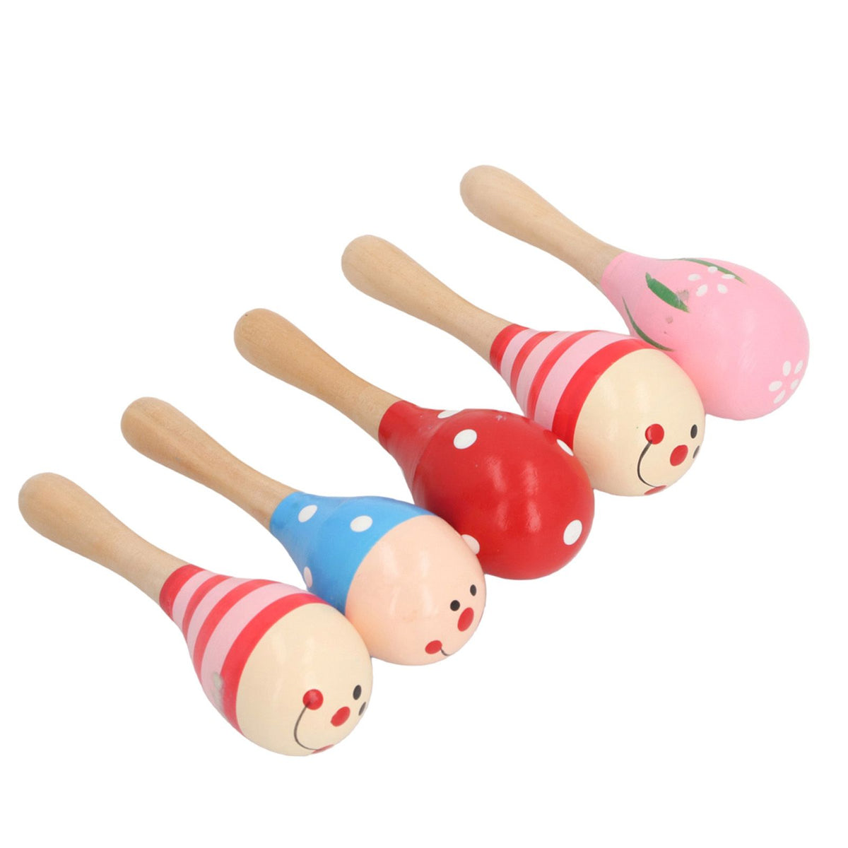 Colorful set of 5 wooden maracas rattles for toddlers, egg-shaped baby musical toys by Everything Baby, perfect for outdoor play.