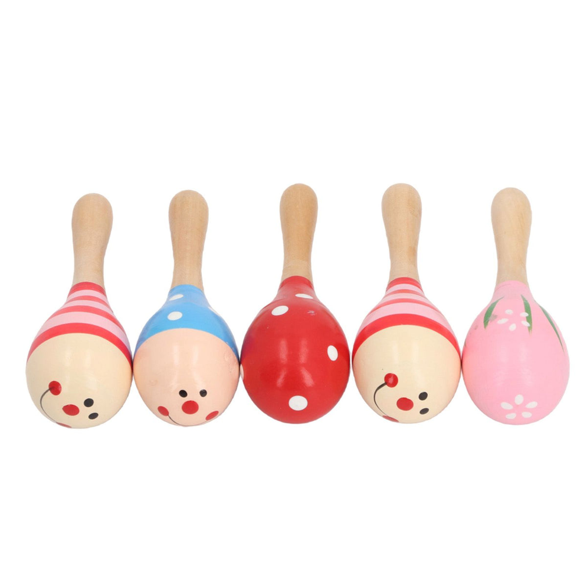 Colorful set of 5 wooden maracas rattles for kids, featuring cute egg-shaped shaker toys for musical play and outdoor fun.