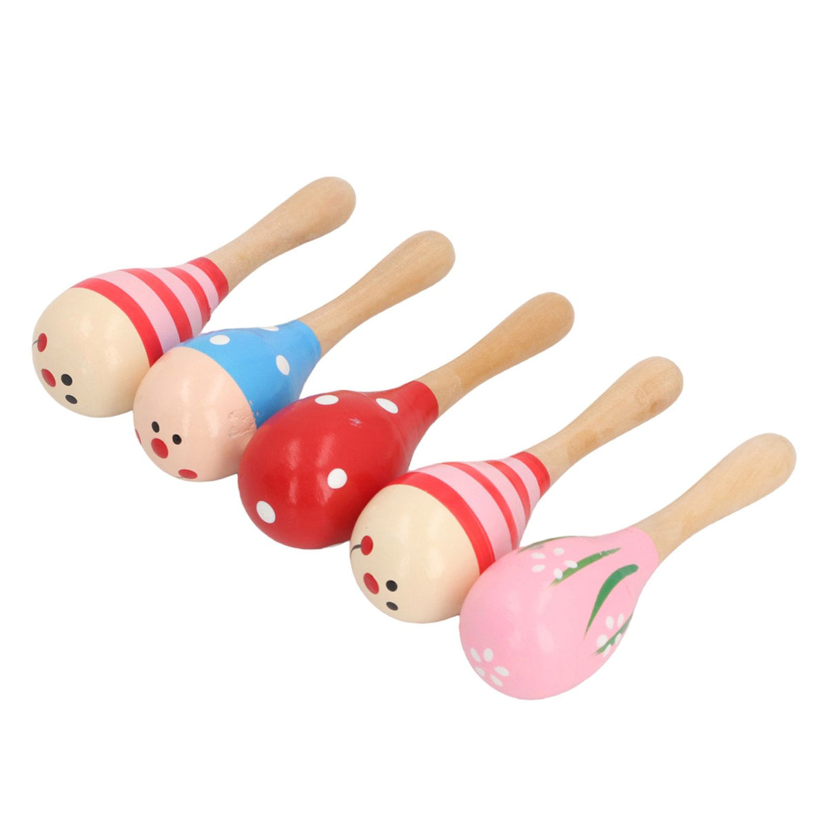 Colorful set of 5 wooden maracas rattles with egg-shaped design, ideal for kids' musical outdoor play and party favors.