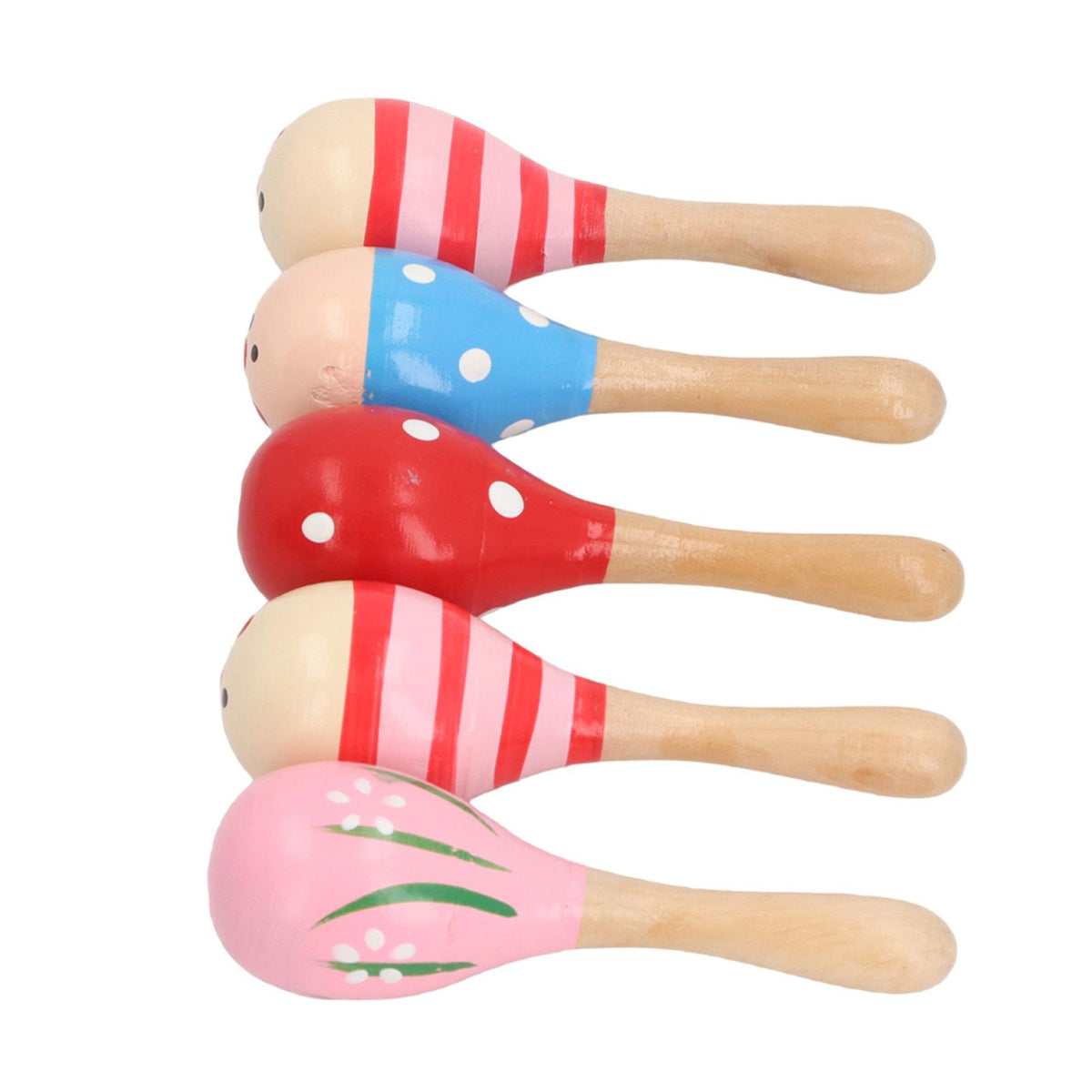 Colorful set of 5 wooden maracas rattles for toddlers, egg-shaped sand hammer toys for kids' musical outdoor play.