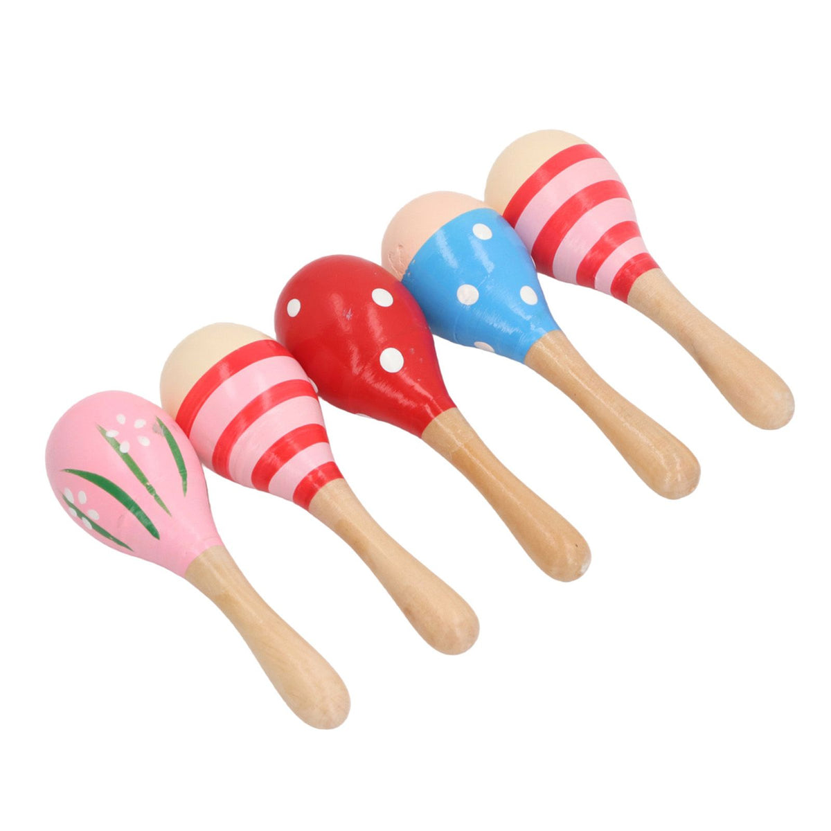 Colorful set of 5 wooden maracas rattles with cute egg-shaped design, perfect for toddlers' musical outdoor play and party fun.