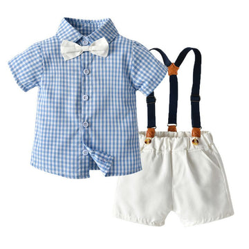 Tem Doger Boy Plaid Shirt Shorts Set Dark Blue 90cm