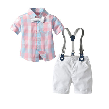 Bugava Boys Plaid Shirt Suspenders Set Summer Cotton Pink plaid shirt + suspenders 110cm