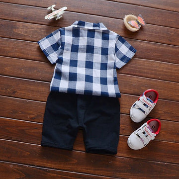 Boys Cotton Short Sleeve Shirt Shorts Set 1-3 Years Short Sleeve Check Shirt Blue 80cm