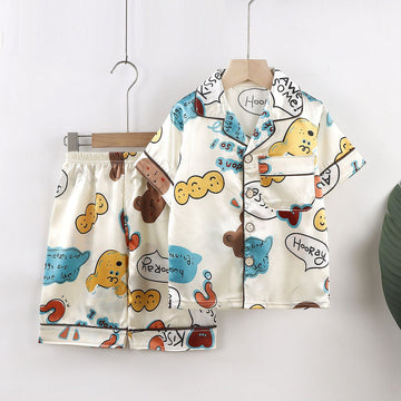 Beifujia Kids Ice Silk Cartoon Pajamas Set 2131-ice silk beige puppy home clothes 140cm