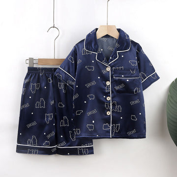 Beifujia Kids Ice Silk Cartoon Pajamas Set 2131-Ice Silk Dark Blue Polar Bear Home Clothes 160cm
