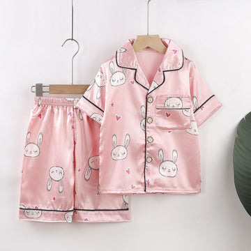 Beifujia Kids Ice Silk Cartoon Pajamas Set 2131-Ice Silk Pink Love Rabbit 140cm