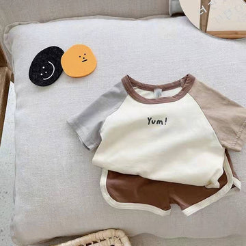 Thai Grid Boys Cotton Short Sleeve Two Piece Set Coffee 120cm