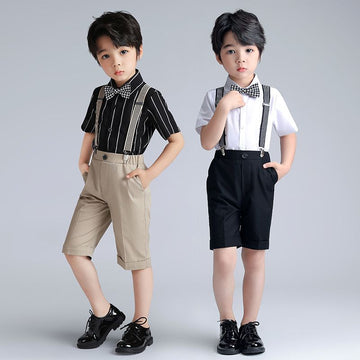 Boys Summer Cotton Short Sleeve Shirt & Shorts Set Black Button Shirt 4 Piece Set 100cm: recommended weight 13.00 kg-15.00 kg