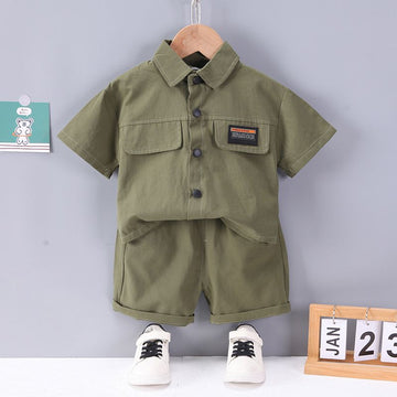 Cute Tail Bear Boys Summer Short Sleeve Shirt Pants Set Green 90cm