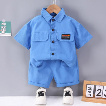Cute Tail Bear Boys Summer Short Sleeve Shirt Pants Set Blue 90cm