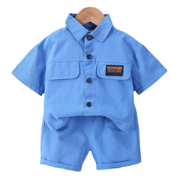 Cute Tail Bear Boys Summer Short Sleeve Shirt Pants Set Khaki 80cm-120cm/1 hand 5 pieces