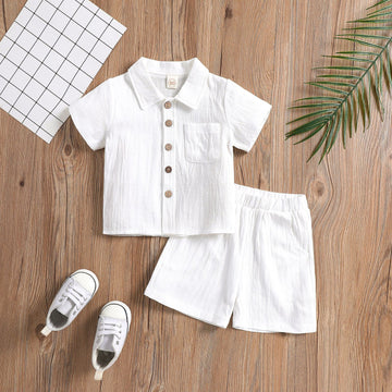 Boys Cotton Linen Polo 2-Piece Set Summer Short Sleeve White 100cm