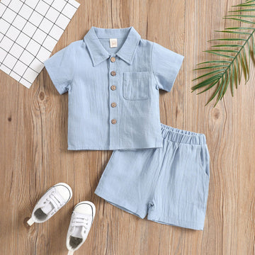 Boys Cotton Linen Polo 2-Piece Set Summer Short Sleeve Light Blue 90cm