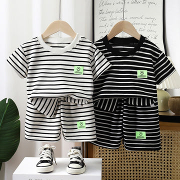 Kunxi Beibei Boys Girls Summer Striped T-Shirt... Han Fan White Stripe Suit 140cm