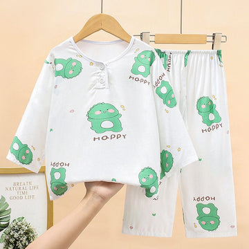 Children Viscose Pajamas Set Thin Unisex Dark green bottom bear head 120 code 110-115cm weight 18.00 kg-20.00 kg