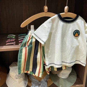 Yeon Bei Man Boys Cotton 2-Piece Summer Short Sleeve White T-shirt + striped pants 120cm