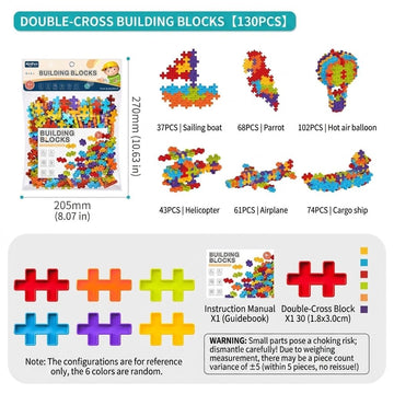 6-Color Mix Double Cross Building Blocks Set for Kids - Creative STEM Early Learning Toys for Ages 3-6, Ideal for Preschool, Home Play, and Educational Gifts (130PCS)