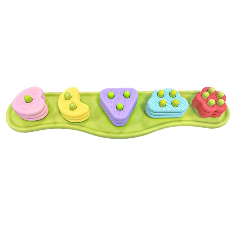 Green silicone stacking and sorting puzzle toy for toddlers, featuring colorful shapes and numbers for sensory play and early learning.