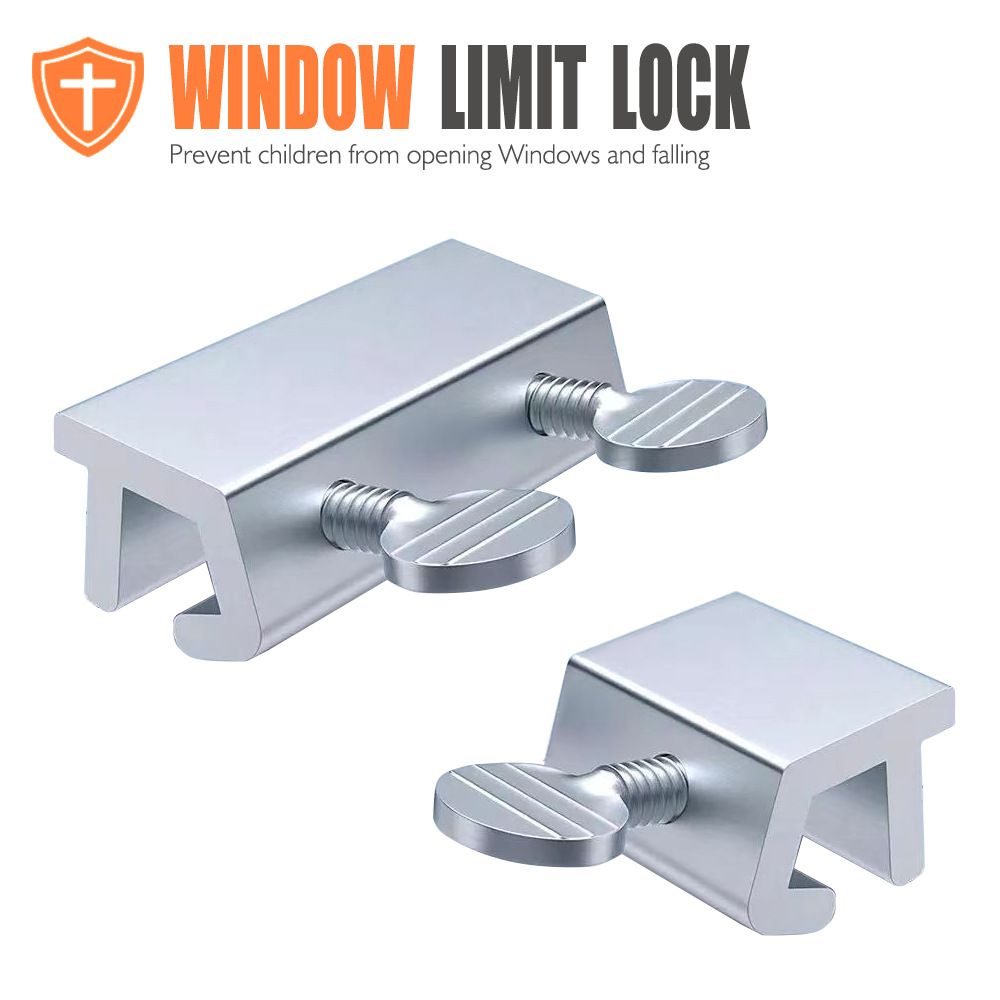 Adjustable stainless steel window limit lock for sliding and single-hung windows, double-knob model, ensuring child and pet safety.