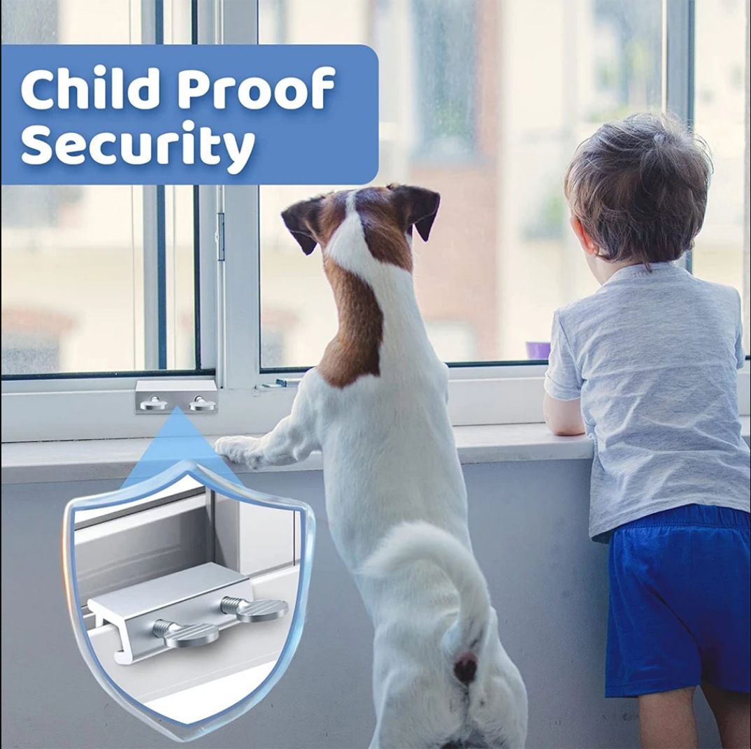 Adjustable stainless steel window limit lock for sliding and single-hung windows, child and pet safety stopper, no-drill installation.