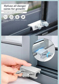 Adjustable stainless steel window limit lock for sliding and single-hung windows, child and pet safety stopper, no-drill installation.